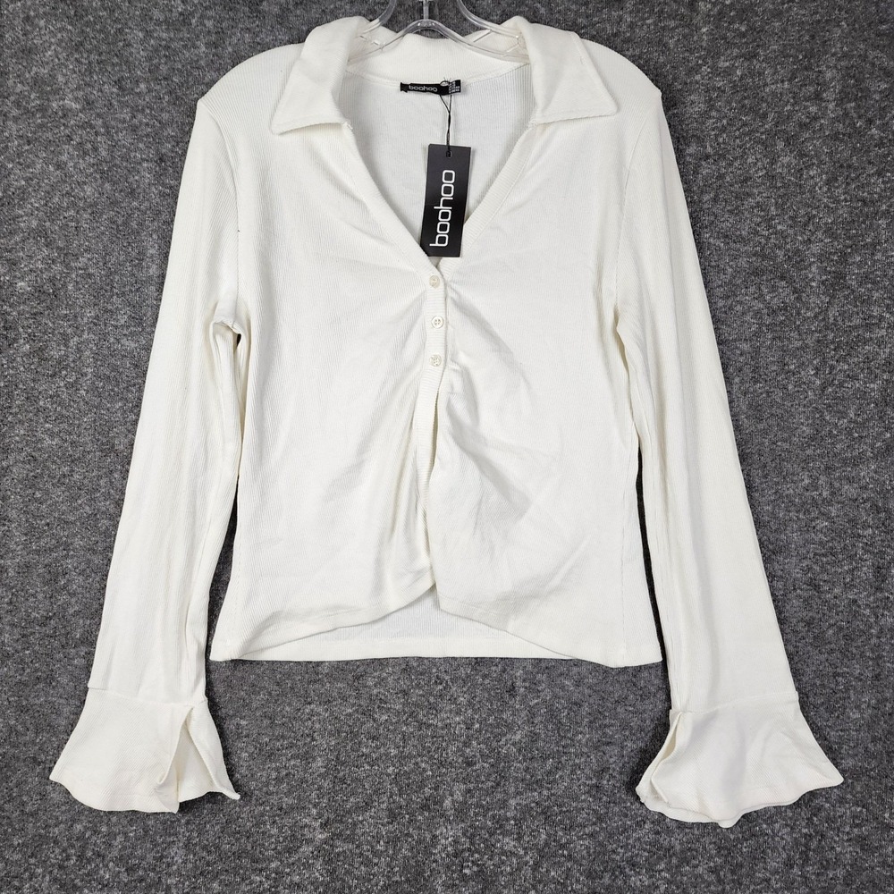 Boohoo Cardigan Women 12 White Ribbed V-Neck Flared Bell Sleeve Button Front NWT